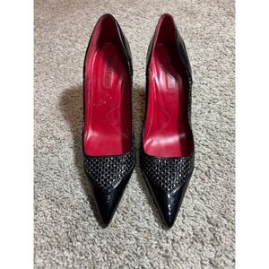 Cesare Paciotti Black Woven Patent Leather Pointed Toe Pumps Red Bottoms 36